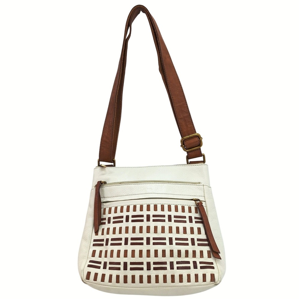 Fossil White Leather Woven Lattice Crossbody Bag Brown Strap Boho Zipper Pockets
